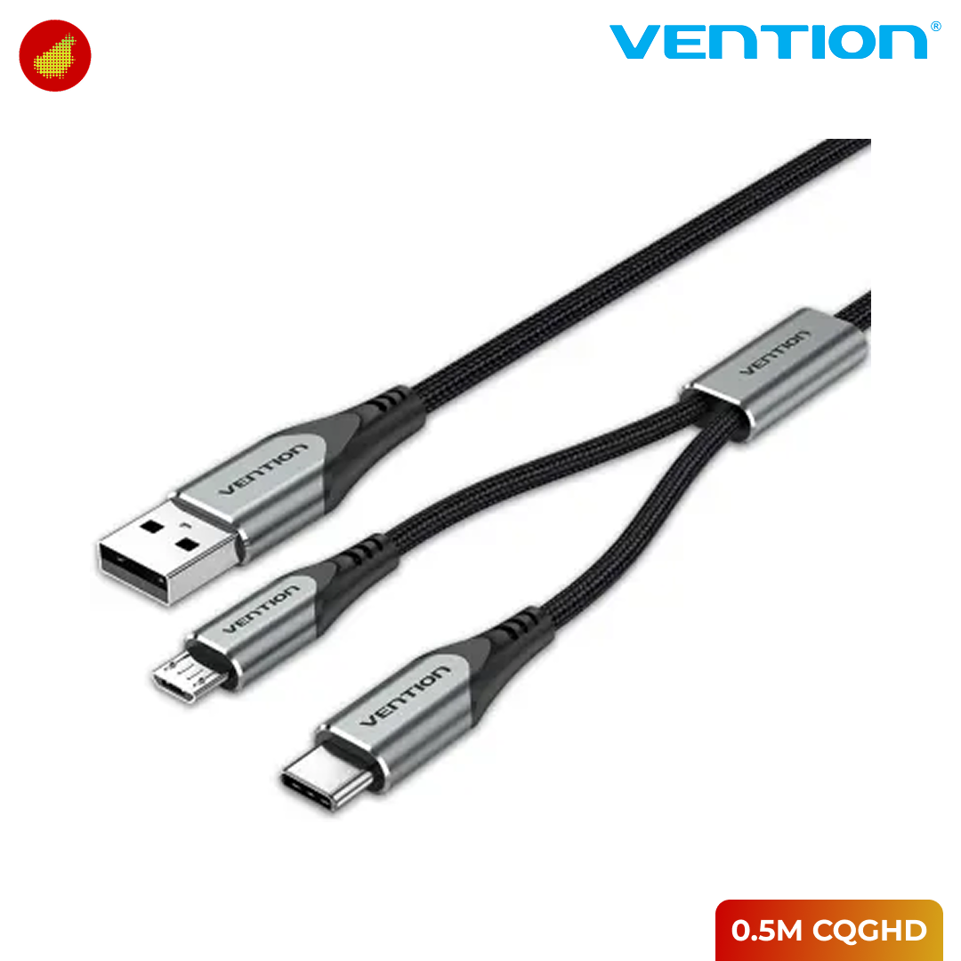 Vention USB 2.0 to Micro USB Type C Y-Splitter Braided Data Cable - 0.5 Meter CQGHD