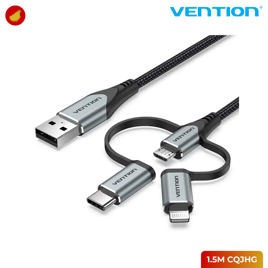 Vention USB 2.0 A Male to 3-in-1 Micro-B USB-C and Lightning Male Cable - 1.5 Meter CQJHG
