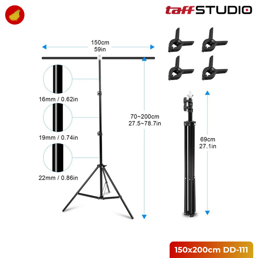 TaffSTUDIO Tripod T-Shape Stand Background with 4 Clamp 150x200cm | 200x200cm | 200x260cm