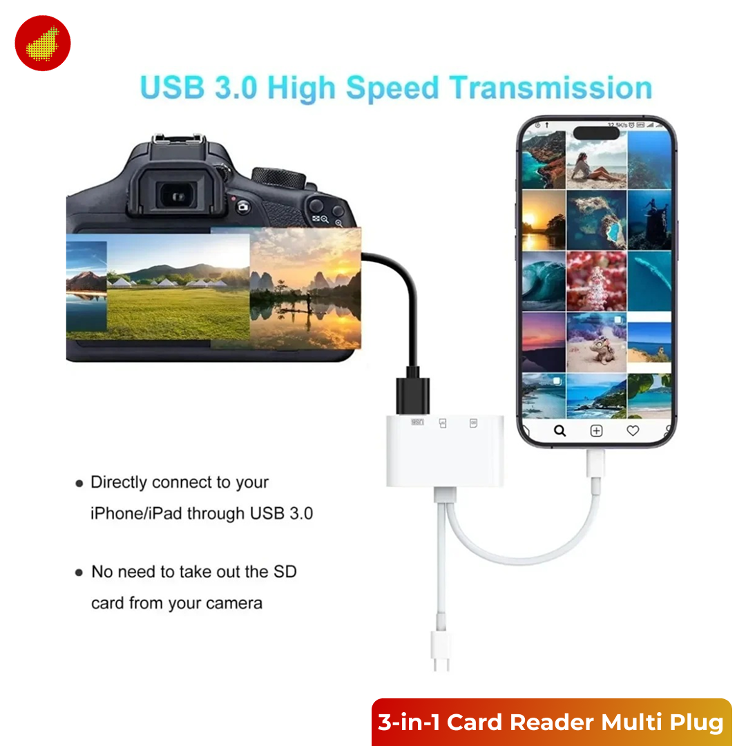 Poru Card Reader Multi Plug 3-in-1 USB MicroSD TF Card - INU182