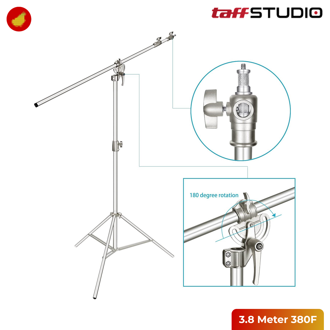 TaffSTUDIO Tripod Light Stand Studio Heavy Duty with Boom Arm - 3.8 Meter 380F