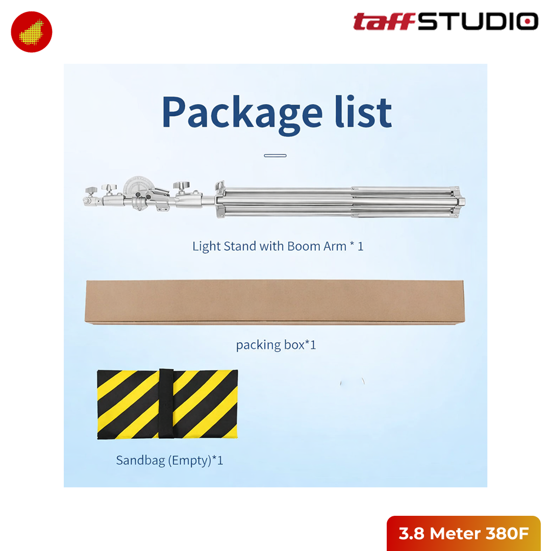 TaffSTUDIO Tripod Light Stand Studio Heavy Duty with Boom Arm - 3.8 Meter 380F