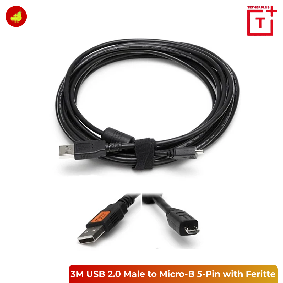 TetherPlus USB 2.0 Male to Micro B 5 Pin Male with Feritte Cable - 3 Meter