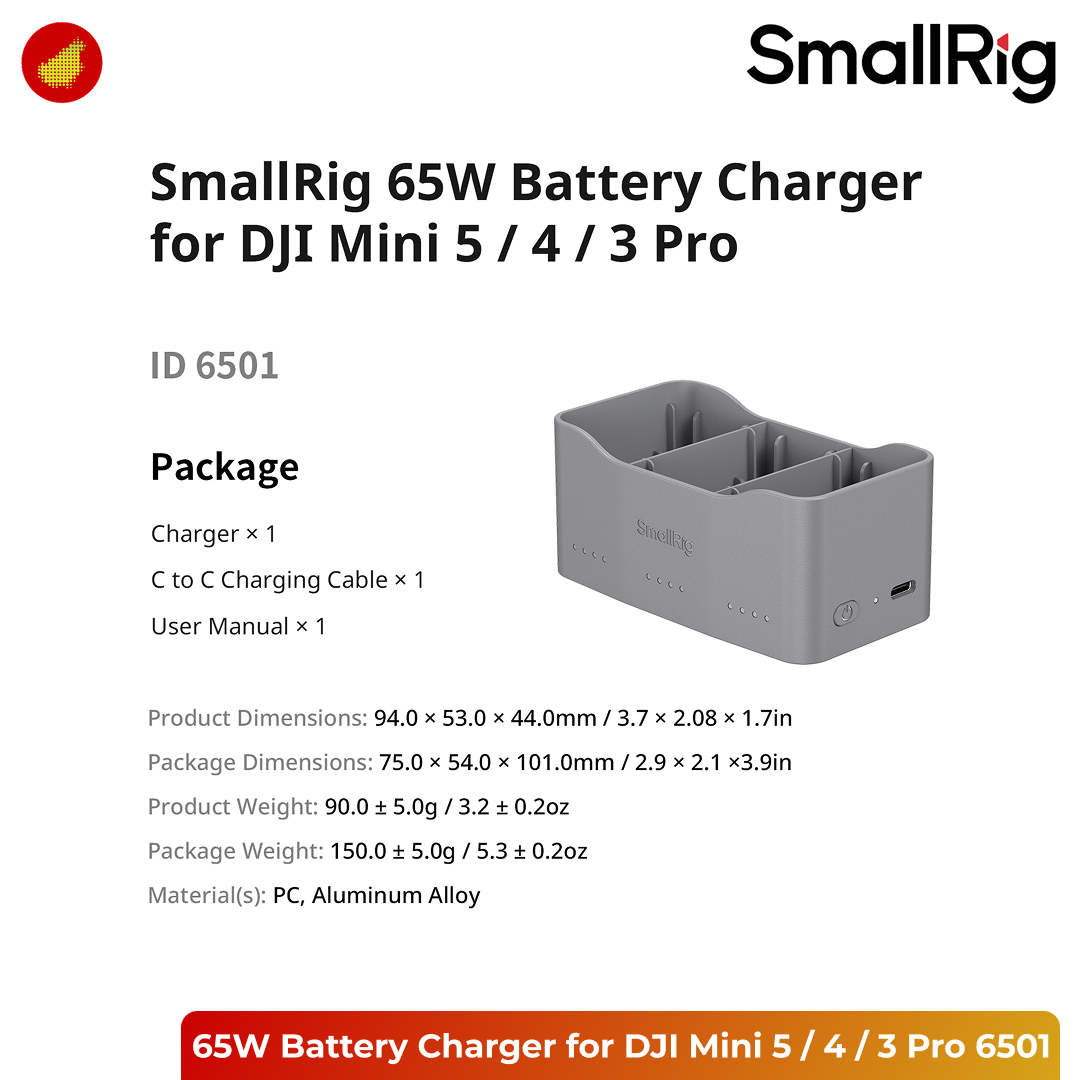 SmallRig 65W Battery Charger for DJI Mini 5 / 4 / 3 Pro - 6501