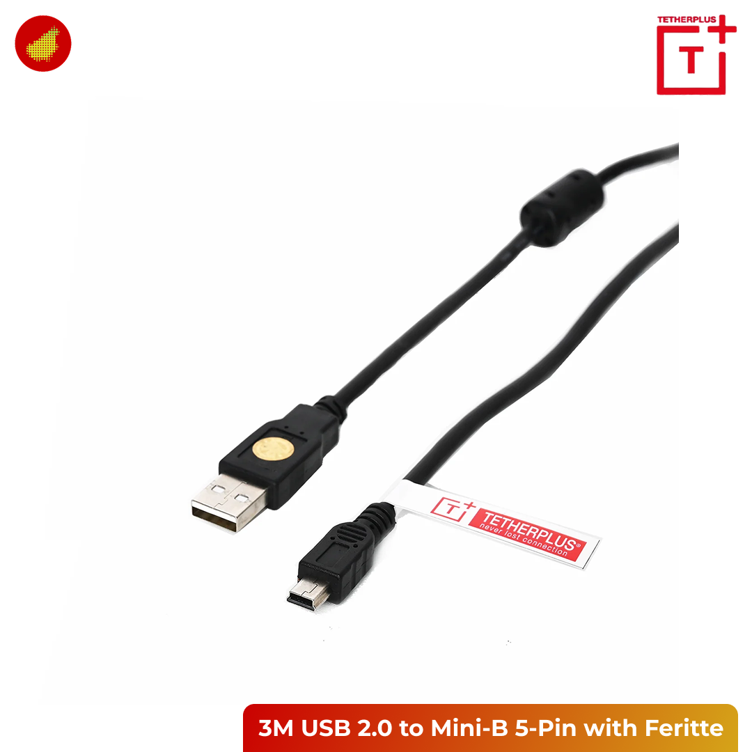 TetherPlus USB 2.0 Male to Mini-B 5 Pin Male with Feritte Cable - 3 Meter