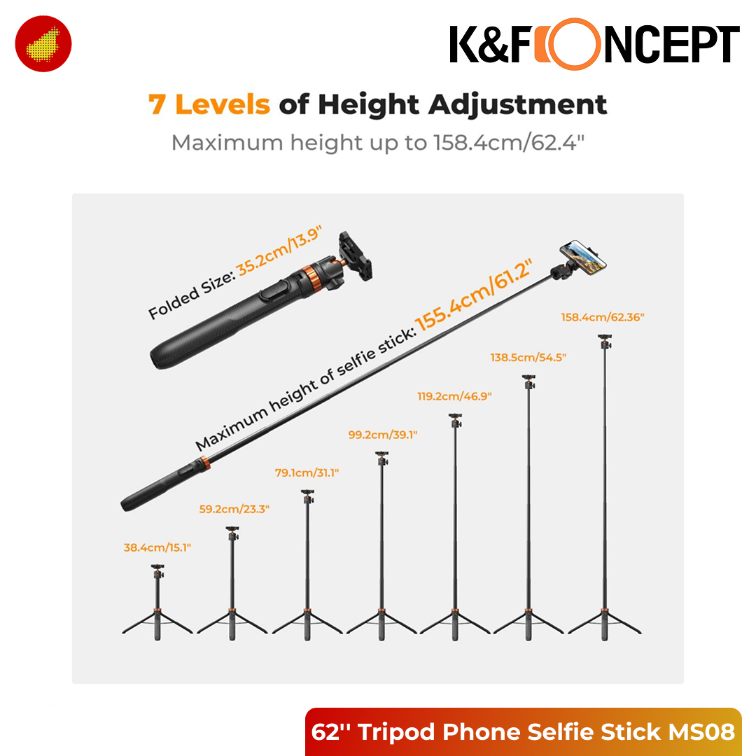 K&F Concept 62''/1.58m Tripod Phone Selfie Stick with Bluetooth Remote Control and Adapter MS08 - KF09.127
