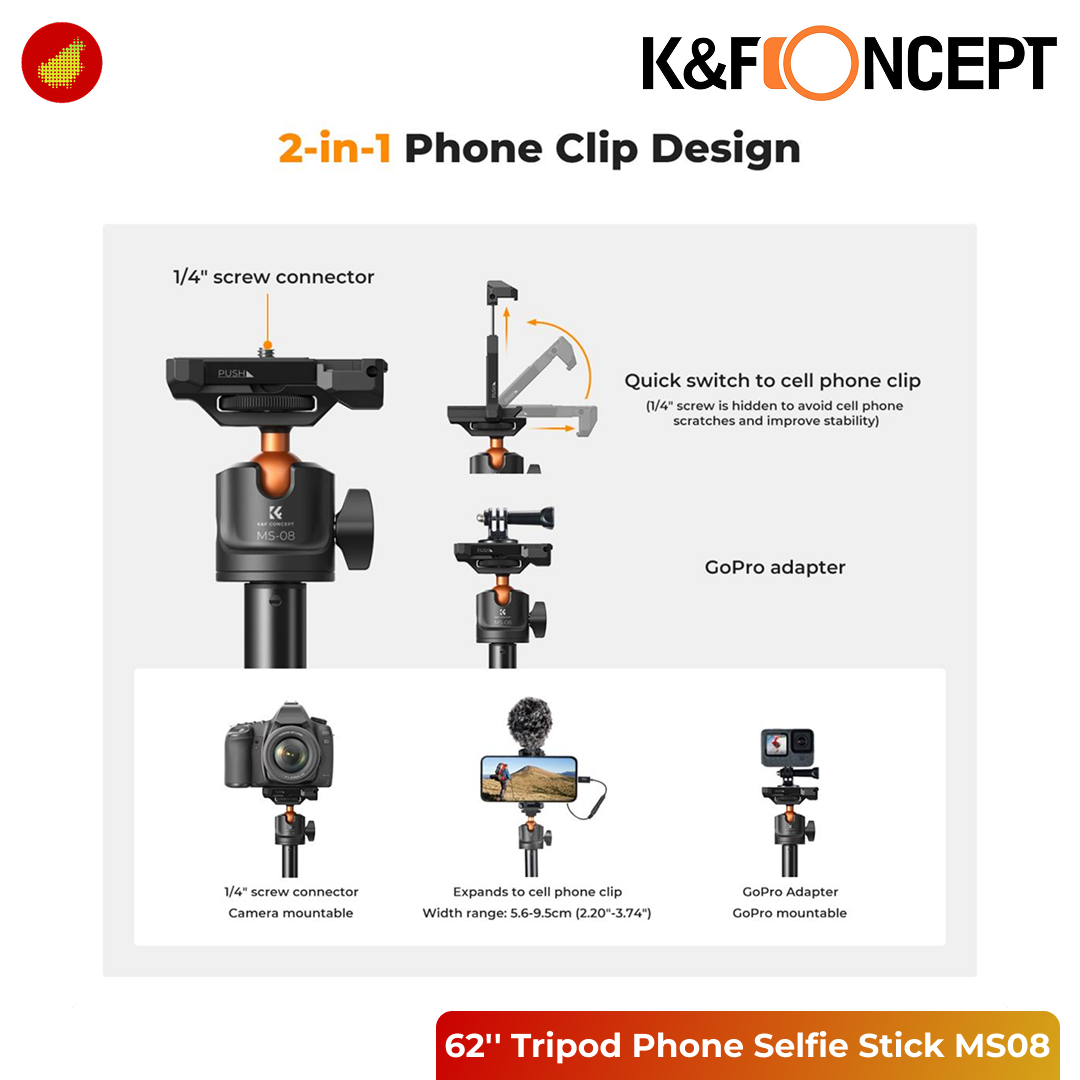 K&F Concept 62''/1.58m Tripod Phone Selfie Stick with Bluetooth Remote Control and Adapter MS08 - KF09.127