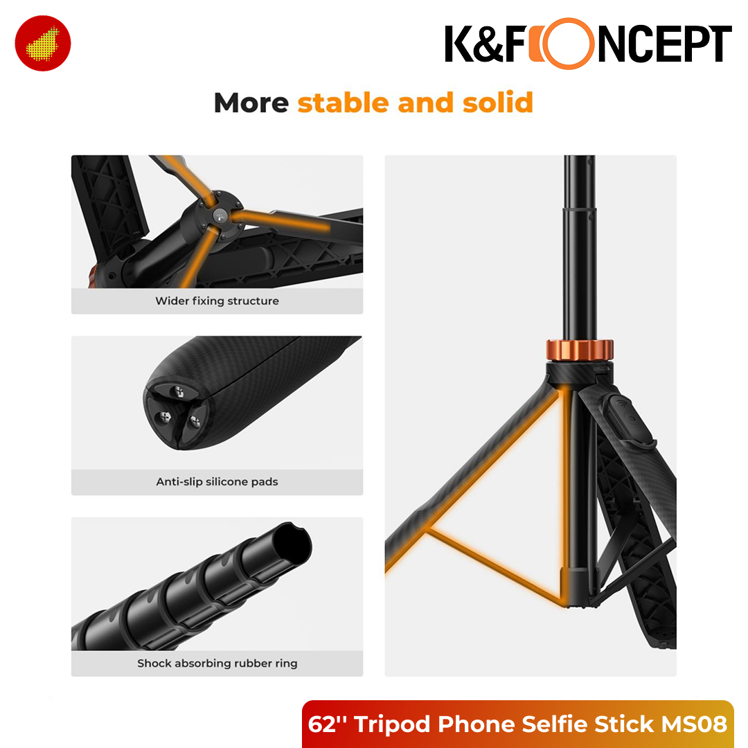 K&F Concept 62''/1.58m Tripod Phone Selfie Stick with Bluetooth Remote Control and Adapter MS08 - KF09.127