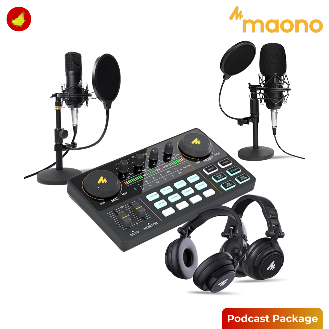 MAONO Podcast Package Maonocaster Lite AU-AM200 Portable Podcast with 2 Pcs AU-MH601 Studio Monitoring Headphone and 2 Pcs AU-A03T Podcast Microphone Kit
