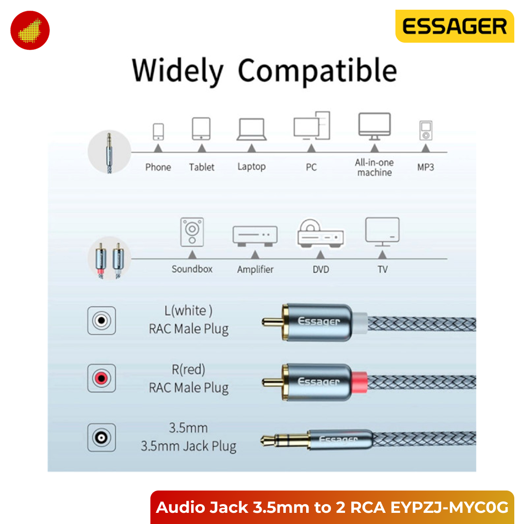 ESSAGER Audio Jack 3.5mm to 2 RCA Adapter Splitter Cable HiFi - EYPZJ-MYC0G
