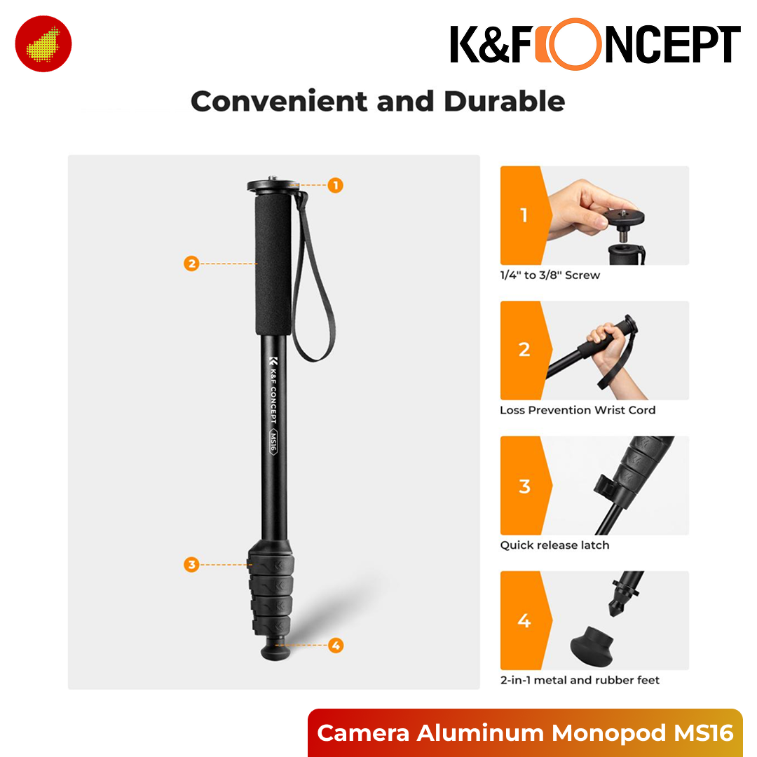 K&F Concept 63'' Camera Aluminum Monopod 5-Section Height with Metal Rubber Feet MS16 - KF09.138
