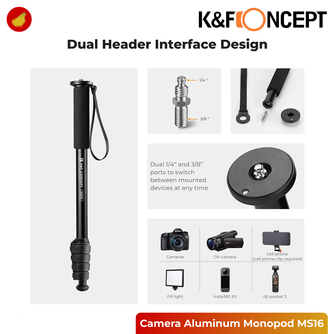 K&F Concept 63'' Camera Aluminum Monopod 5-Section Height with Metal Rubber Feet MS16 - KF09.138