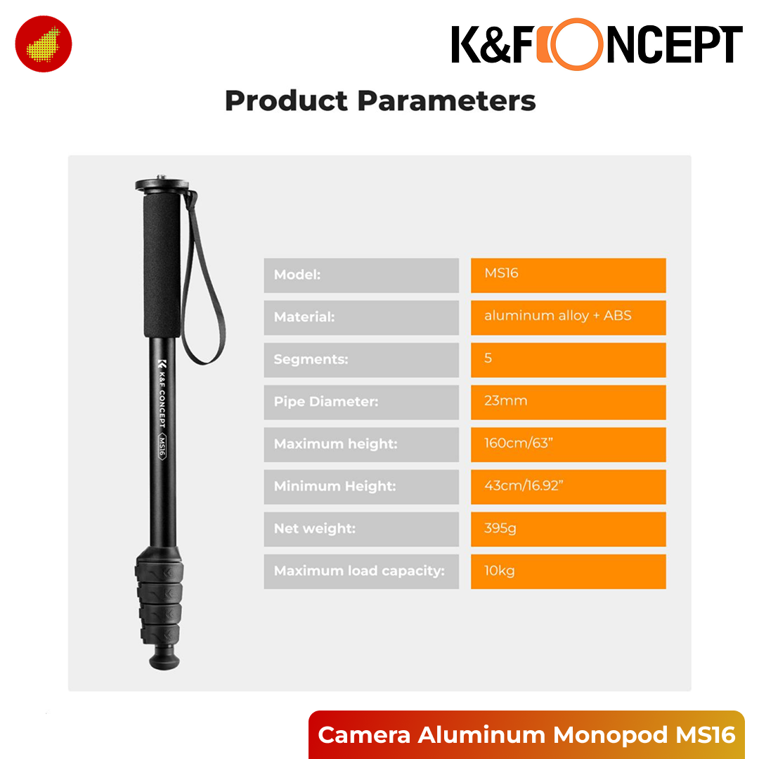 K&F Concept 63'' Camera Aluminum Monopod 5-Section Height with Metal Rubber Feet MS16 - KF09.138
