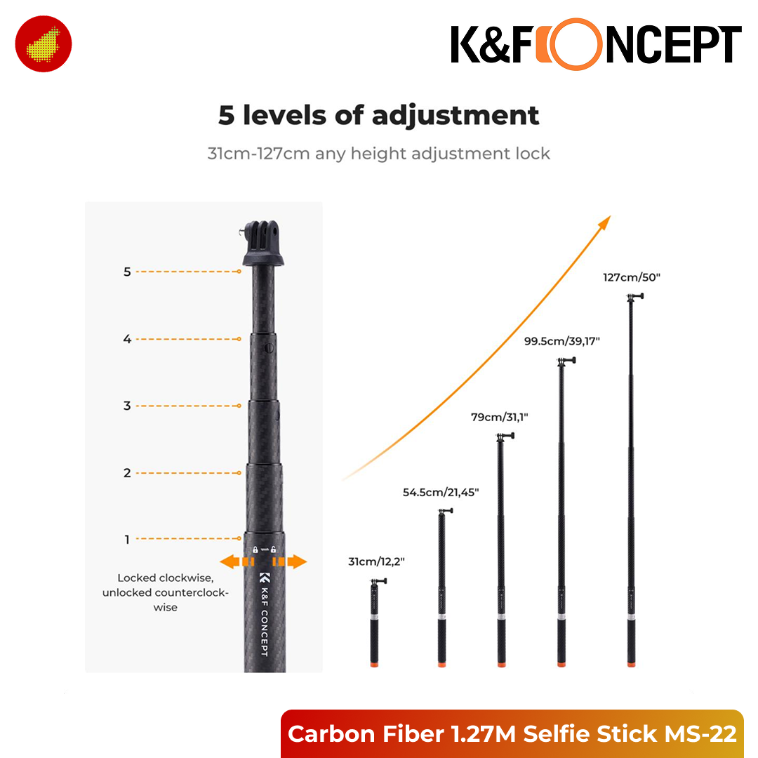 K&F Concept MS-22 Carbon Fiber 1.27M Invisible Selfie Stick - KF09.140