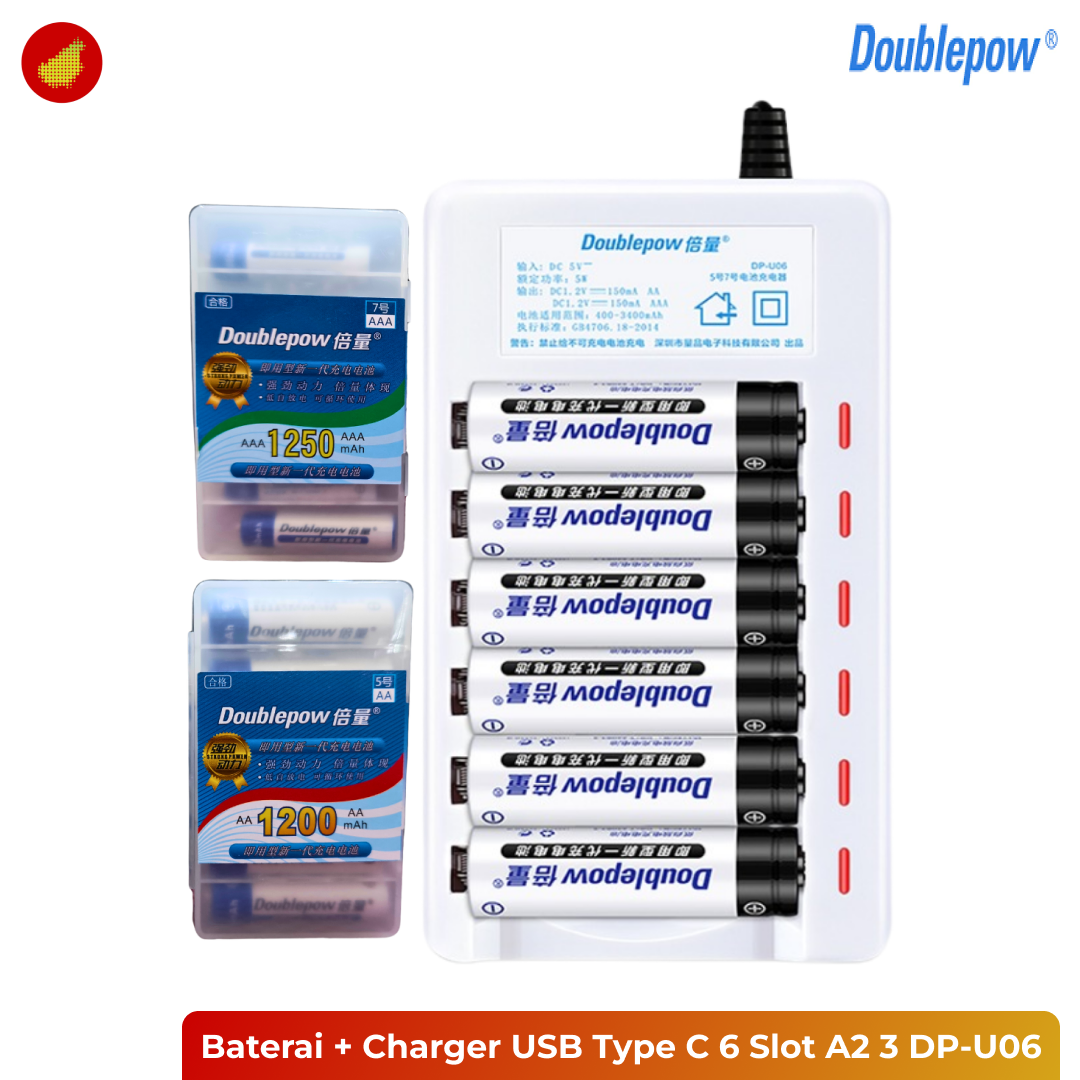 Doublepow Baterai AA 6 Pcs AAA 6 Pcs + Charger USB Type C Rechargeable 6 Slot AA AAA - DP-U06