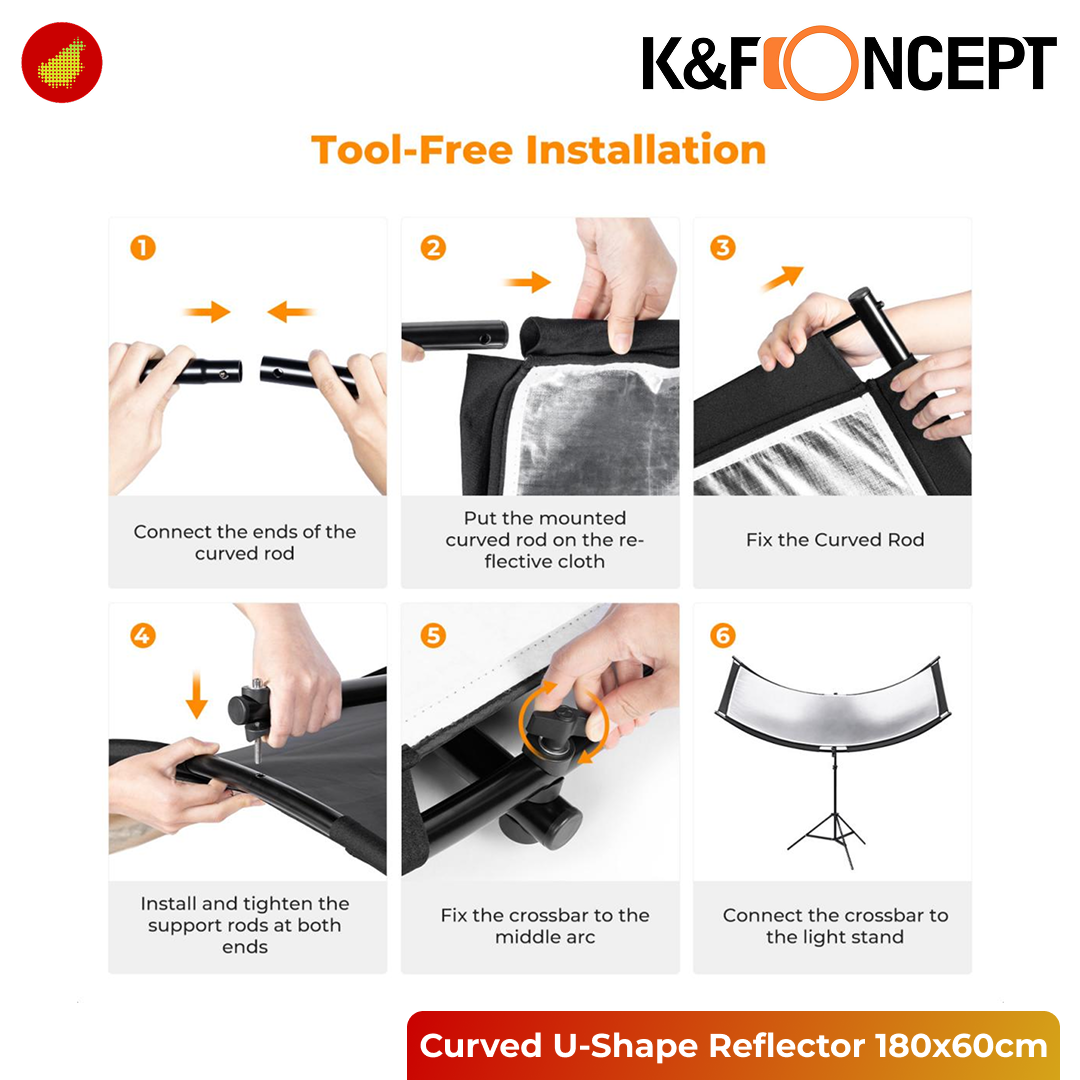 K&F Concept Curved U-Shape Reflector 180x60cm with 4-in-1 Reflective Fabric