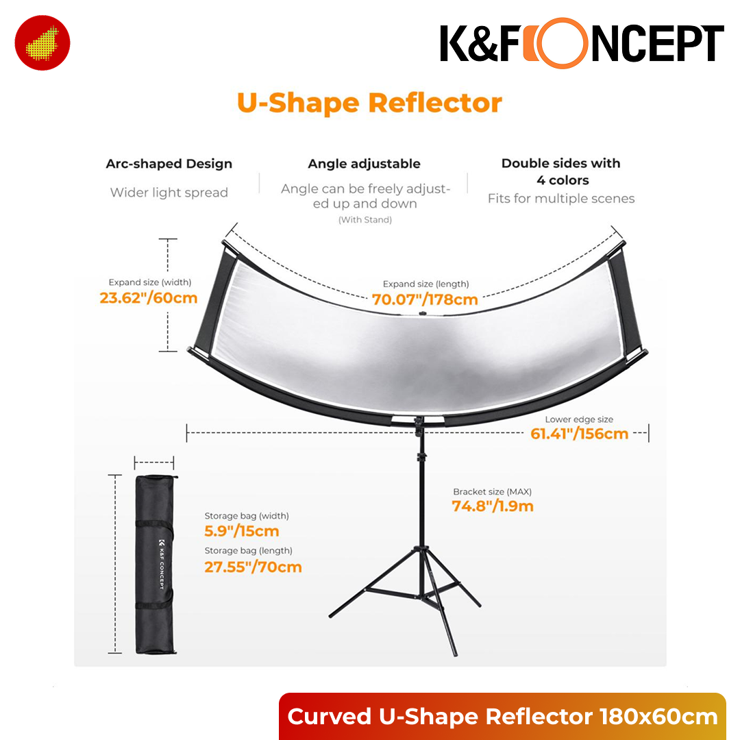 K&F Concept Curved U-Shape Reflector 180x60cm with 4-in-1 Reflective Fabric