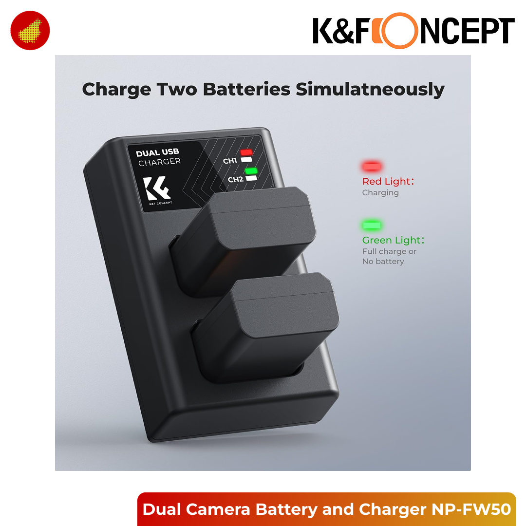K&F Concept Dual Camera Battery and USB Charger - NP-FW50 | LP-E12 | NP-FZ100 | EN-EL14