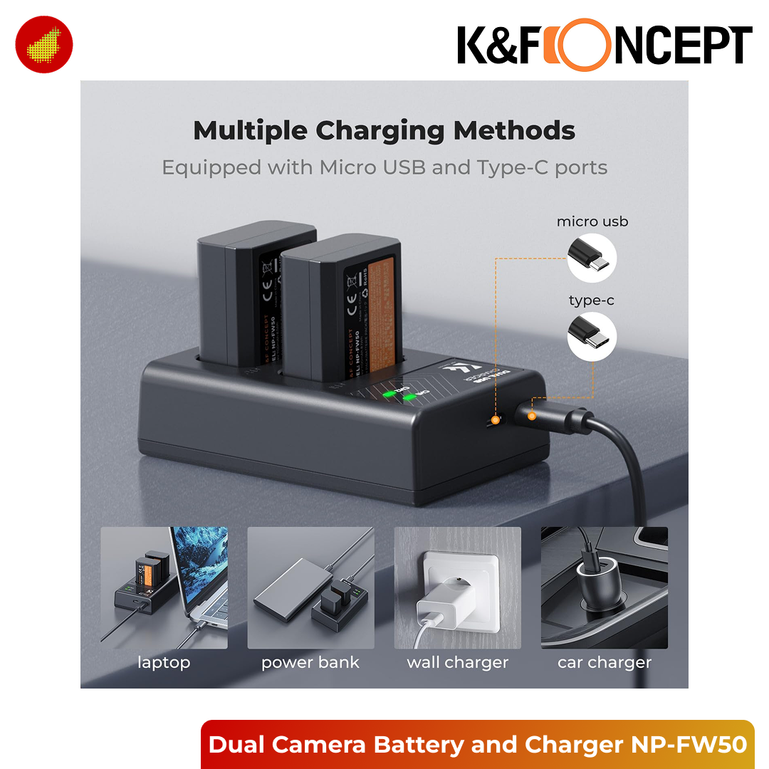 K&F Concept Dual Camera Battery and USB Charger - NP-FW50 | LP-E12 | NP-FZ100 | EN-EL14