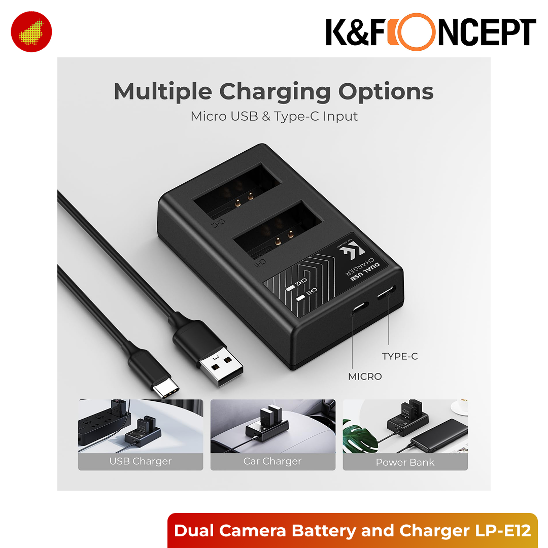 K&F Concept Dual Camera Battery and USB Charger - NP-FW50 | LP-E12 | NP-FZ100 | EN-EL14