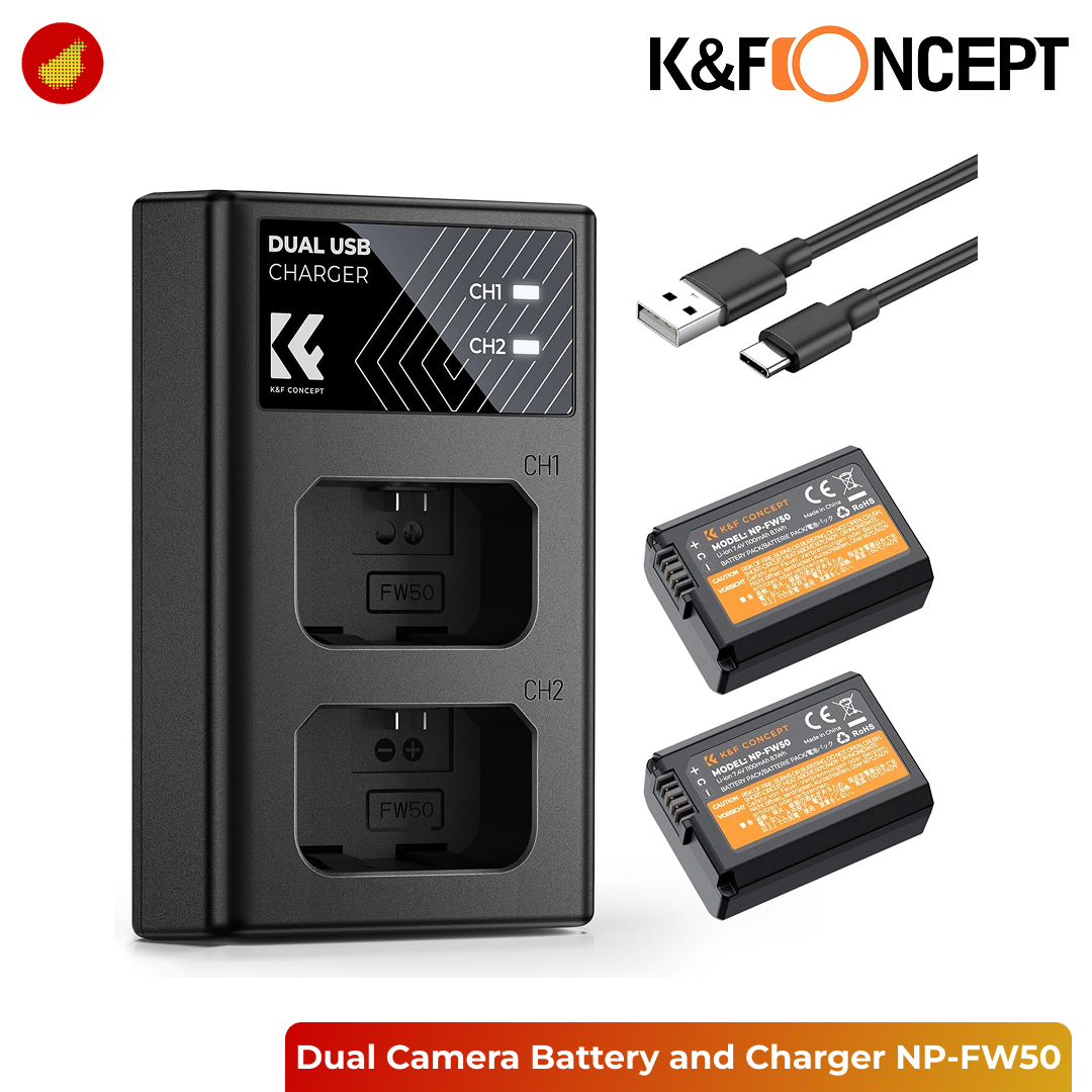 K&F Concept Dual Camera Battery and USB Charger - NP-FW50 | LP-E12 | NP-FZ100 | EN-EL14