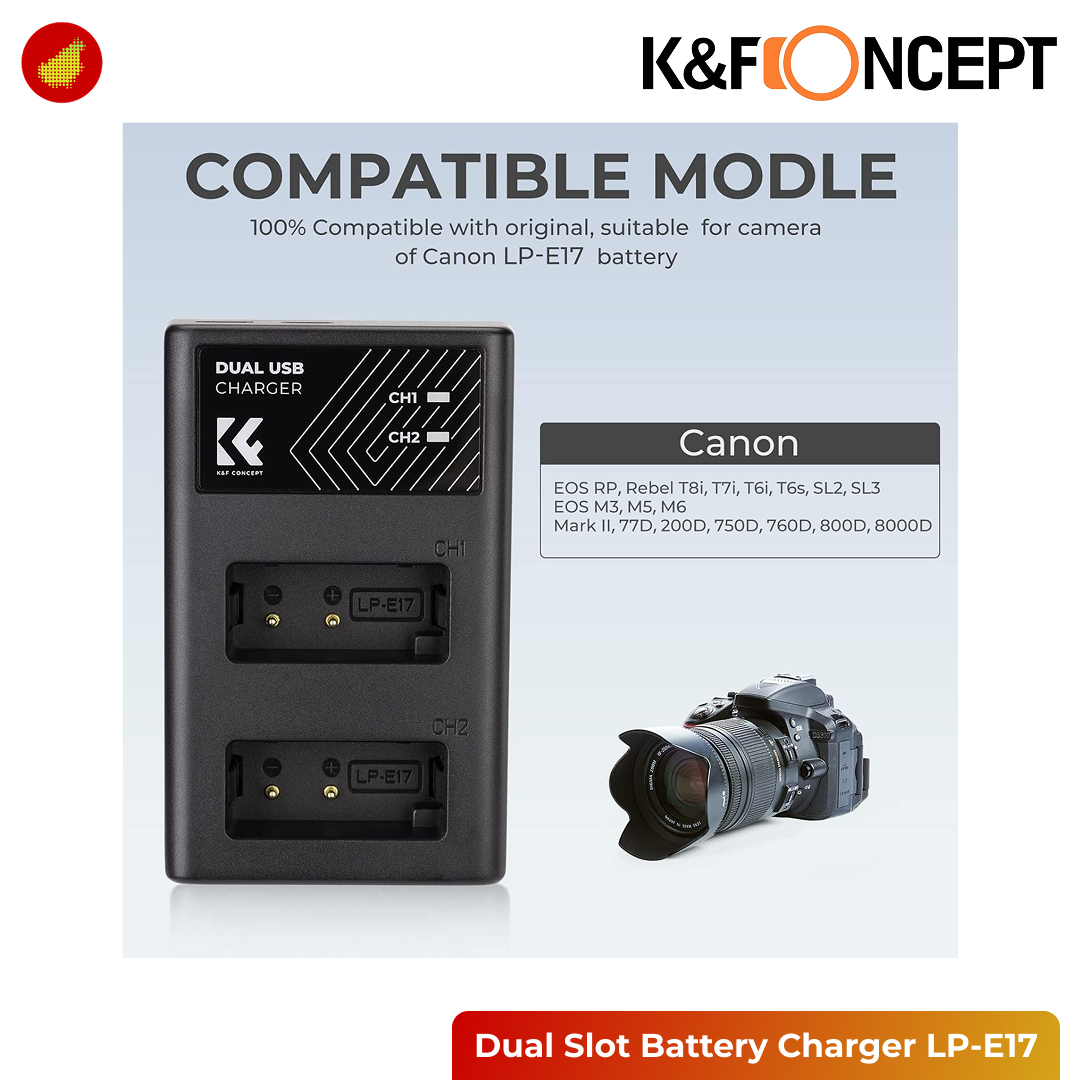 K&F Concept Dual Slot Battery Charger Micro USB and Type-C - NP-FW50 | NP-FZ100 | LP-E17