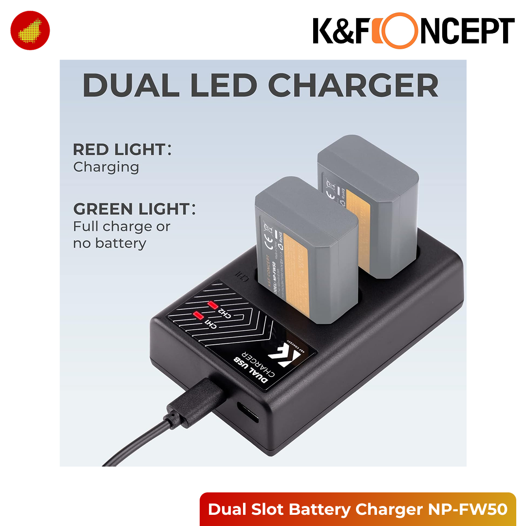 K&F Concept Dual Slot Battery Charger Micro USB and Type-C - NP-FW50 | NP-FZ100 | LP-E17