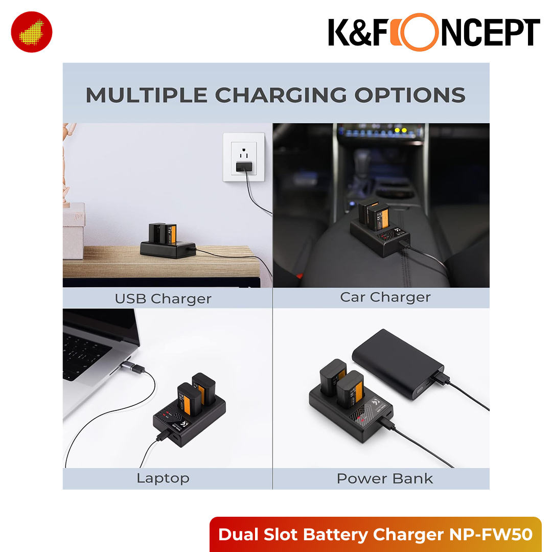 K&F Concept Dual Slot Battery Charger Micro USB and Type-C - NP-FW50 | NP-FZ100 | LP-E17