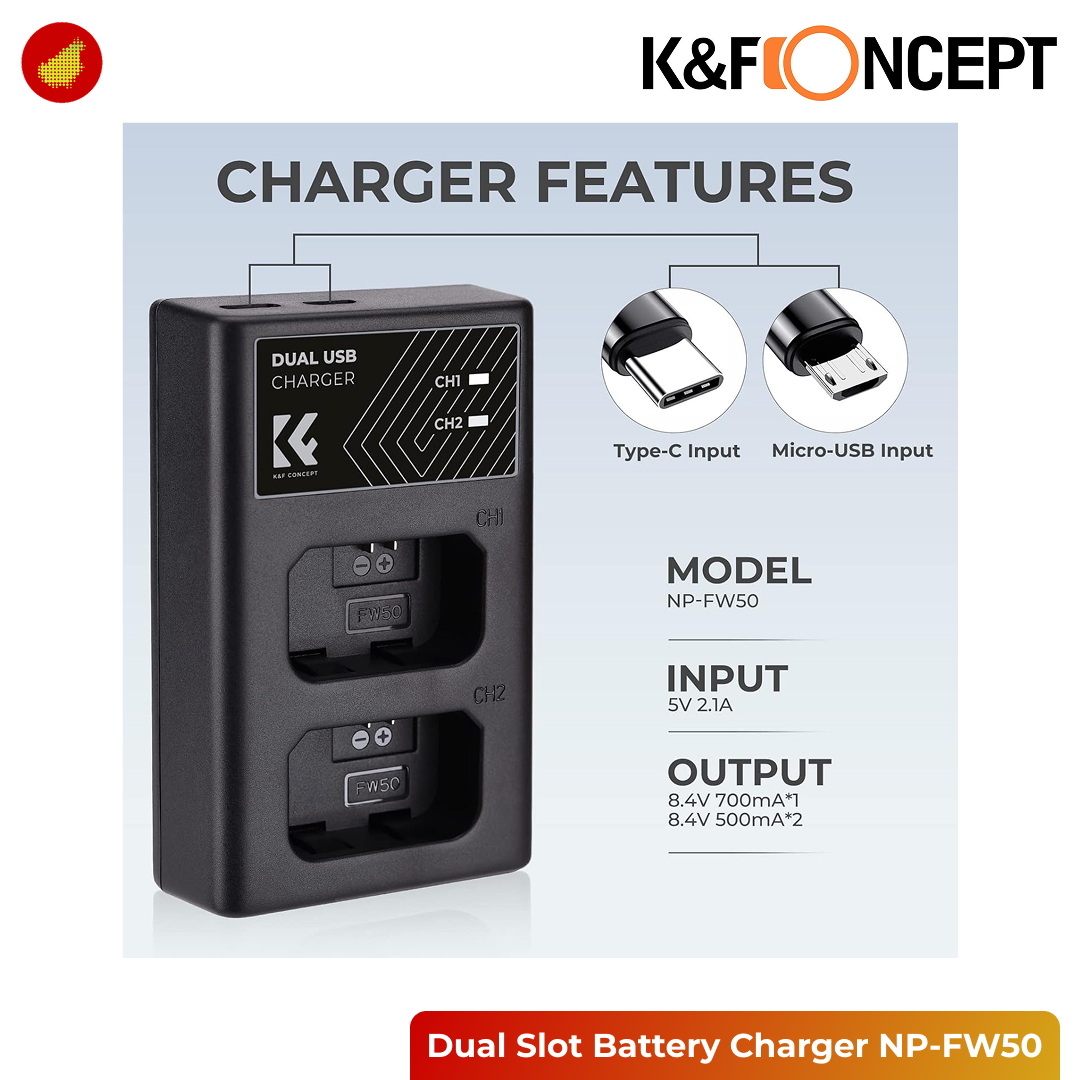 K&F Concept Dual Slot Battery Charger Micro USB and Type-C - NP-FW50 | NP-FZ100 | LP-E17