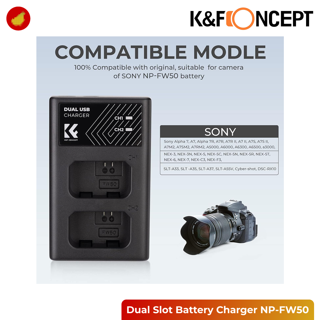K&F Concept Dual Slot Battery Charger Micro USB and Type-C - NP-FW50 | NP-FZ100 | LP-E17