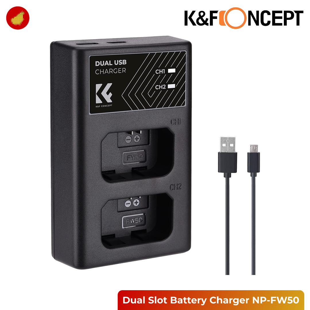 K&F Concept Dual Slot Battery Charger Micro USB and Type-C - NP-FW50 | NP-FZ100 | LP-E17