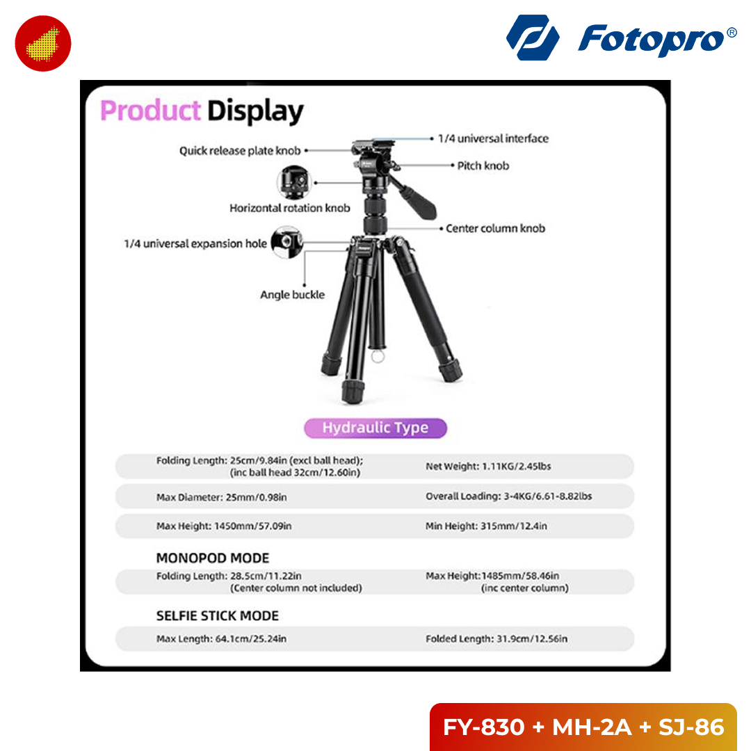Fotopro FY-830 Tripod with MH-2A Fluid Head and SJ-86 Smartphone Holder
