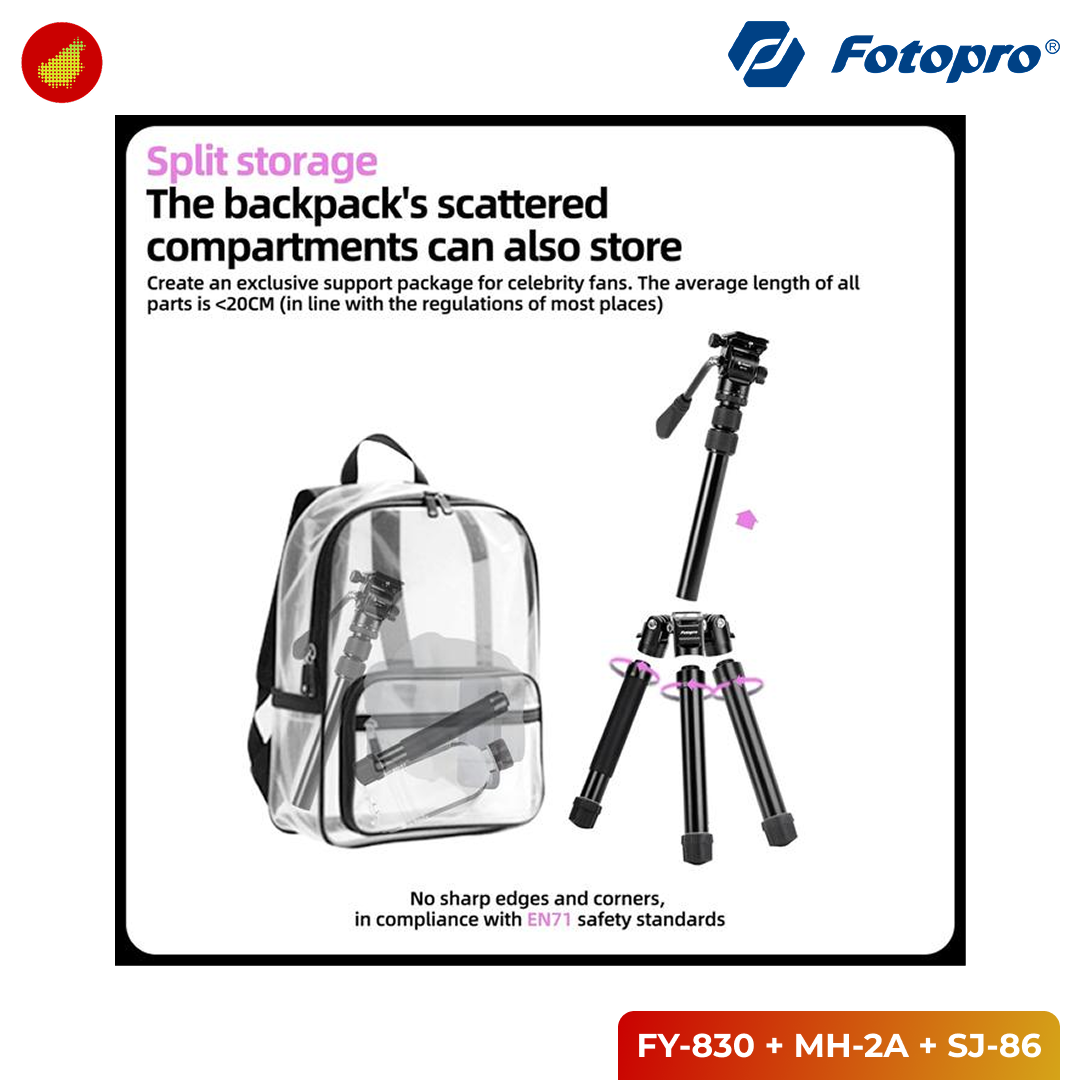 Fotopro FY-830 Tripod with MH-2A Fluid Head and SJ-86 Smartphone Holder