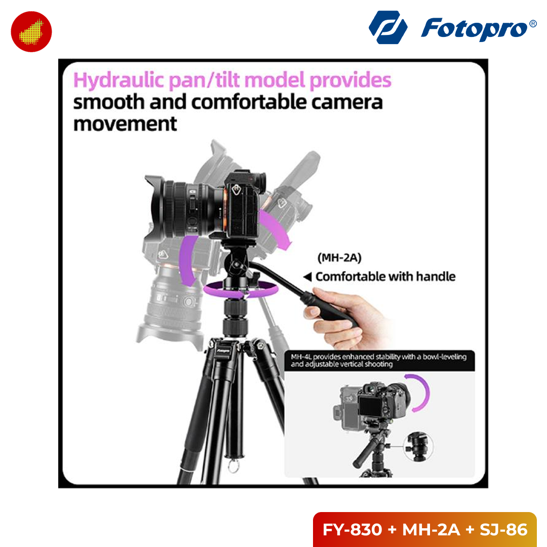 Fotopro FY-830 Tripod with MH-2A Fluid Head and SJ-86 Smartphone Holder