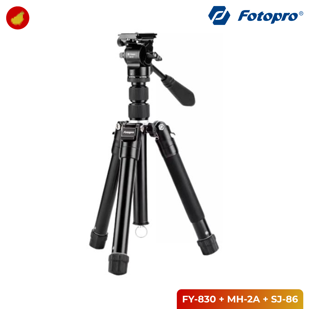 Fotopro FY-830 Tripod with MH-2A Fluid Head and SJ-86 Smartphone Holder