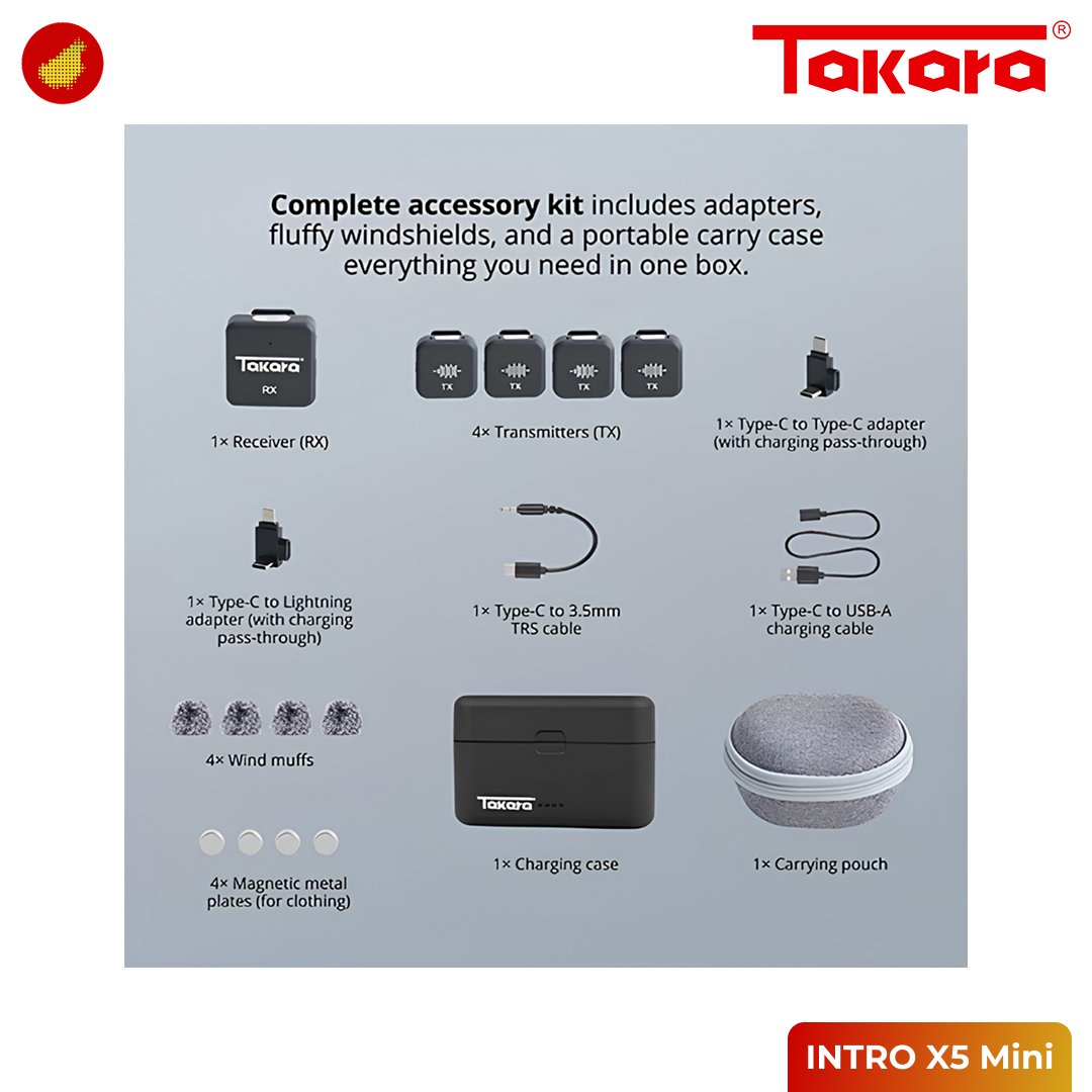 Takara INTRO X5 Mini Digital Wireless Microphone with Charging Case - 4 TX / 2 TX