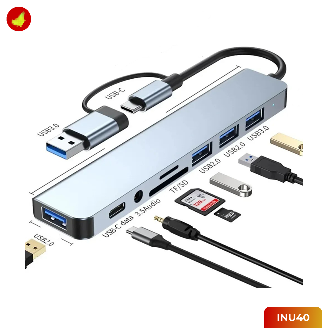Shini 8-in-1 USB Hub Type C Adapter USB 3.0 with TF Card Reader - INU40