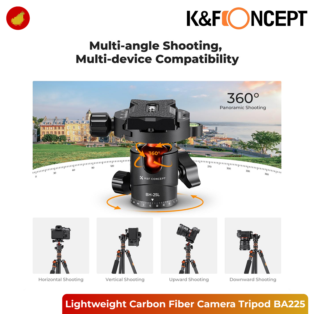 K&F Concept BA225 Lightweight Carbon Fiber Camera Tripod with BH-25L 360° Ball Head - 077V3A