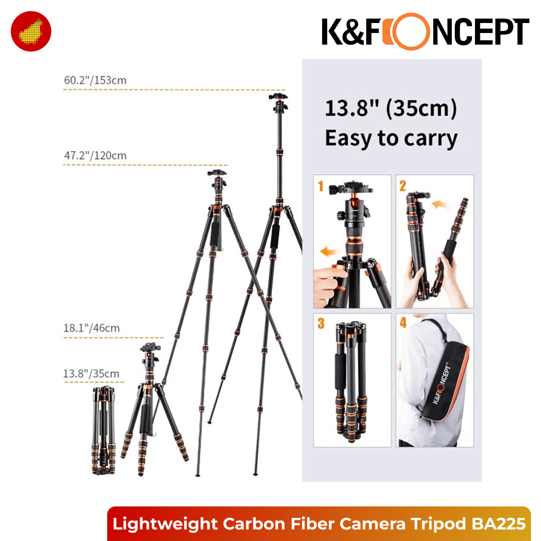 K&F Concept BA225 Lightweight Carbon Fiber Camera Tripod with BH-25L 360° Ball Head - 077V3A