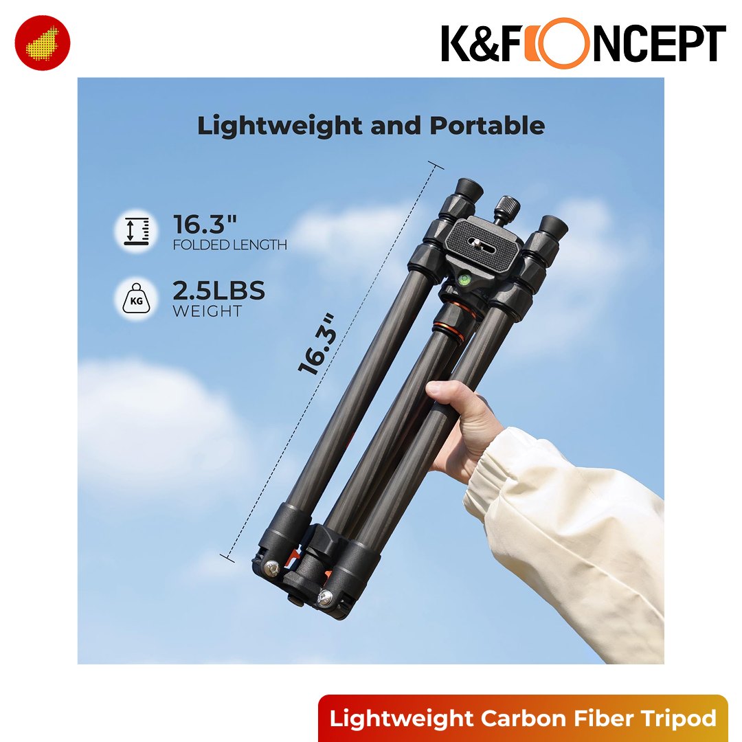 K&F Concept Lightweight Carbon Fiber Camera Travel Tripod with Metal Ball Head - K254C2