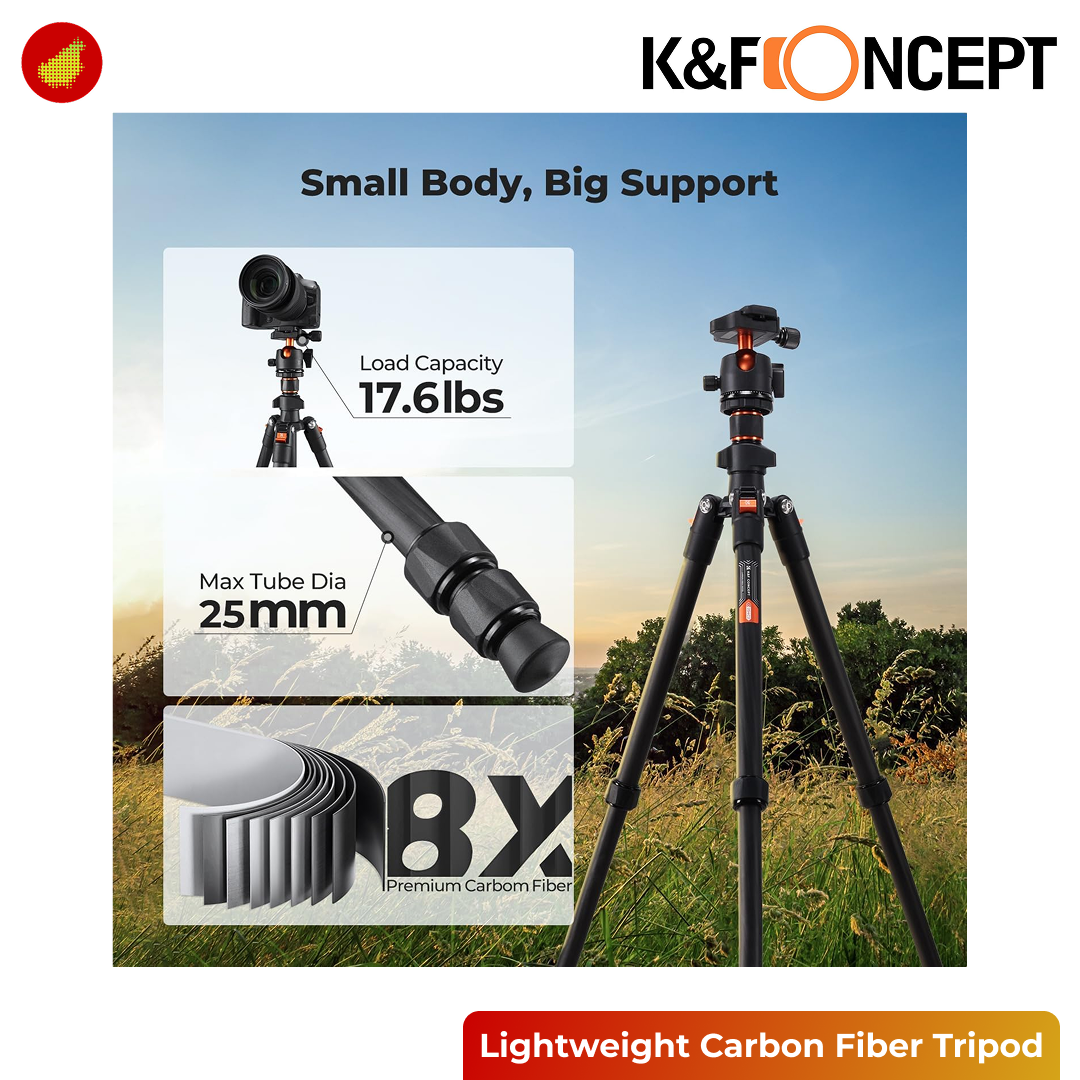 K&F Concept Lightweight Carbon Fiber Camera Travel Tripod with Metal Ball Head - K254C2