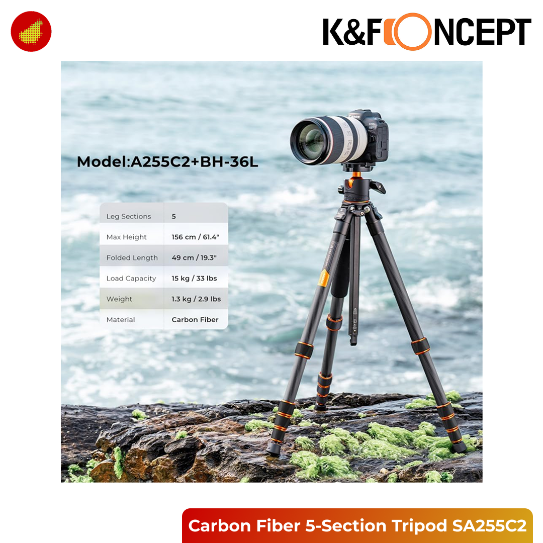 K&F Concept SA255C2 Carbon Fiber 5-Section Tripod with with BH-36L 360° Ball Head & Detachable Monopod - 103V1