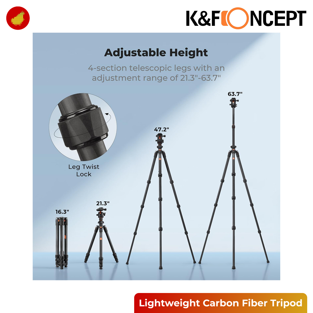 K&F Concept Lightweight Carbon Fiber Camera Travel Tripod with Metal Ball Head - K254C2