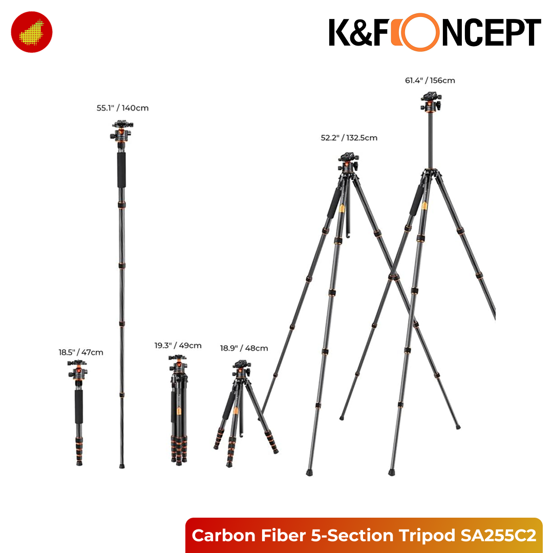 K&F Concept SA255C2 Carbon Fiber 5-Section Tripod with with BH-36L 360° Ball Head & Detachable Monopod - 103V1