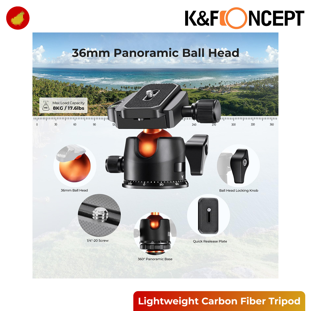 K&F Concept Lightweight Carbon Fiber Camera Travel Tripod with Metal Ball Head - K254C2