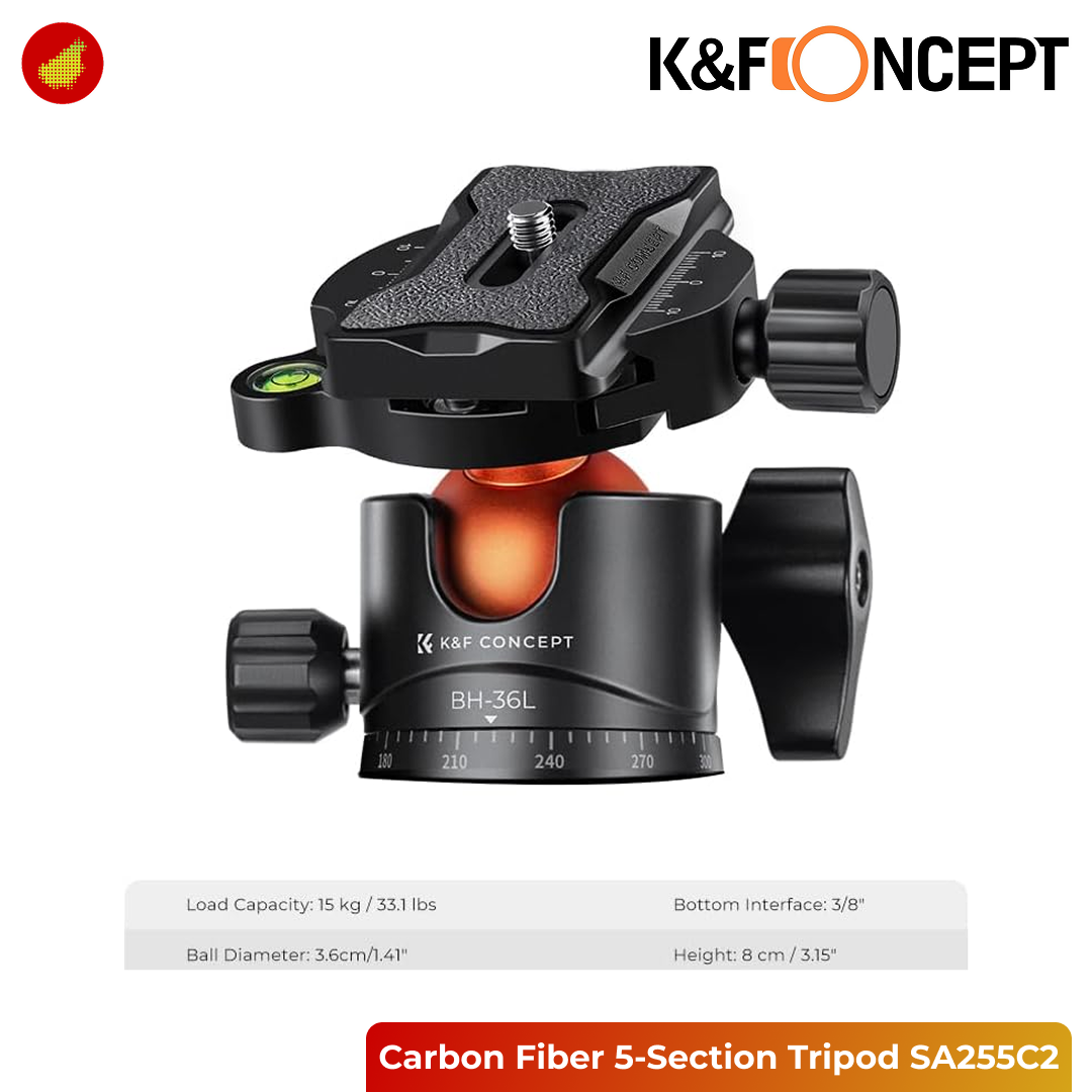 K&F Concept SA255C2 Carbon Fiber 5-Section Tripod with with BH-36L 360° Ball Head & Detachable Monopod - 103V1