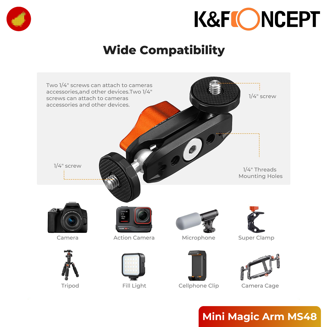 K&F Concept Dual Ball Heads Mini Magic Arm with 1/4