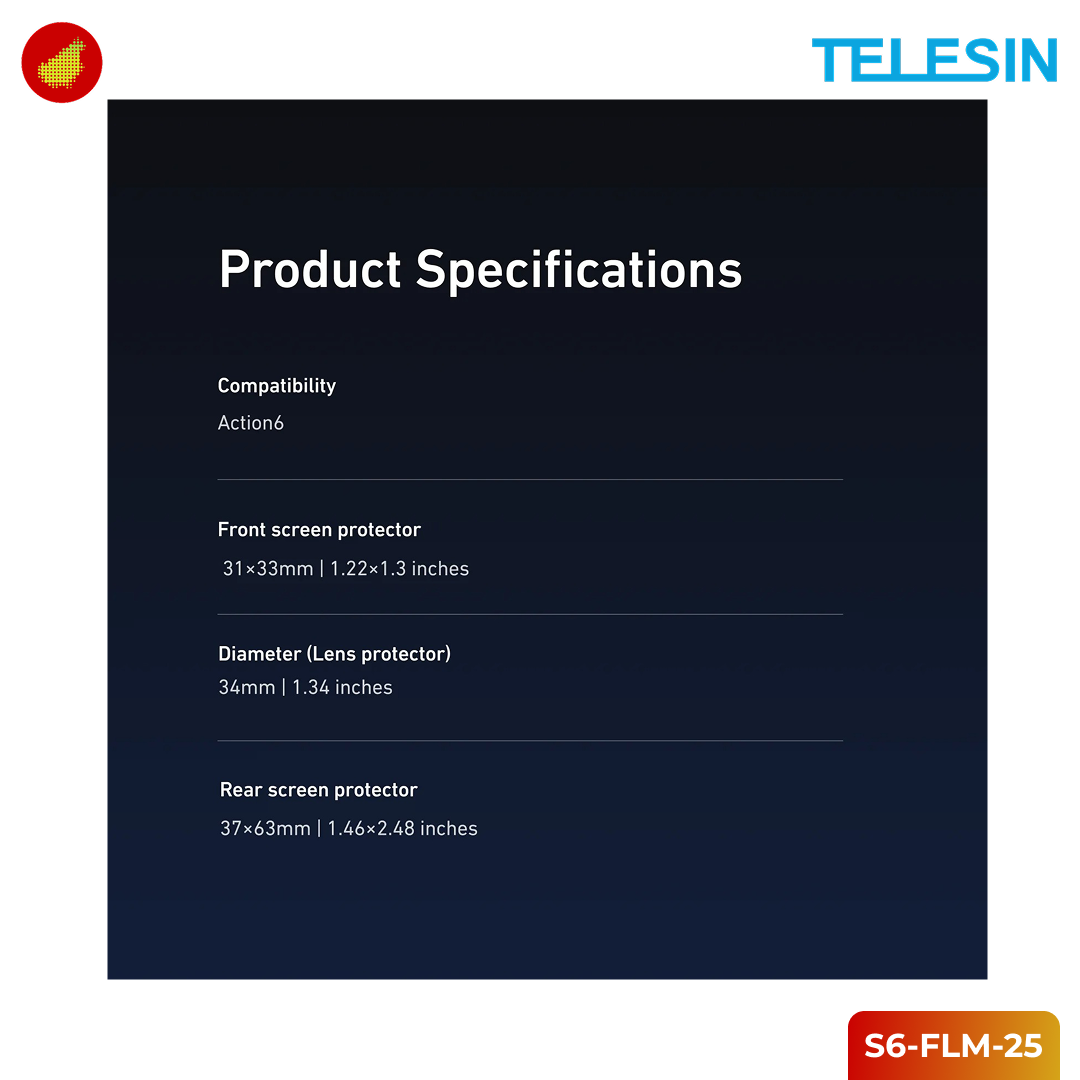 TELESIN Tempered Glass Protective Film DJI Osmo Action 6 One Set - S6-FLM-25