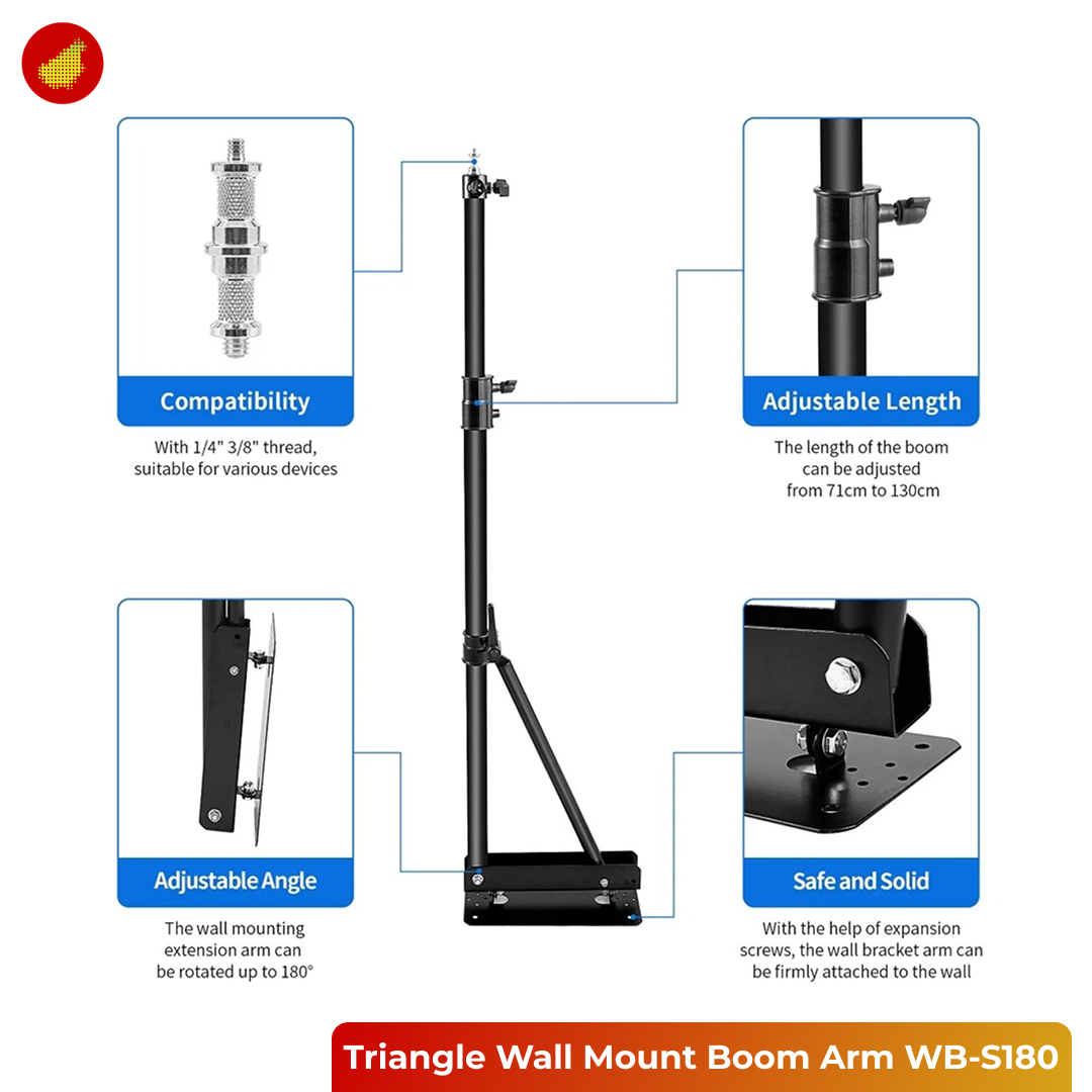 Selens Triangle Wall Mount Boom Arm Bracket for Studio Light WB-S180 - 1.3 Meter | 1.8 Meter
