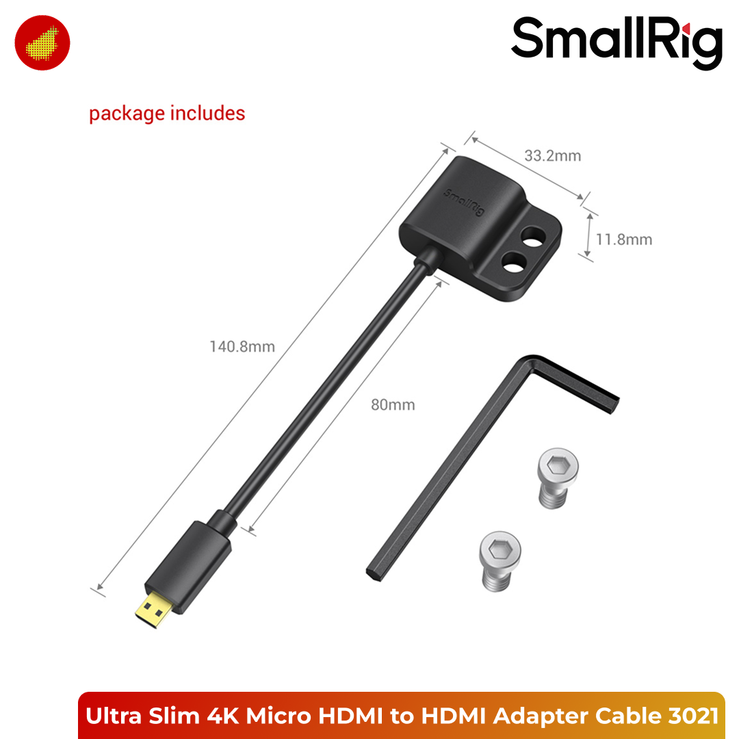 SmallRig Ultra Slim 4K Micro HDMI Type D Male to HDMI Type A Female Adapter Cable - 15cm 3021